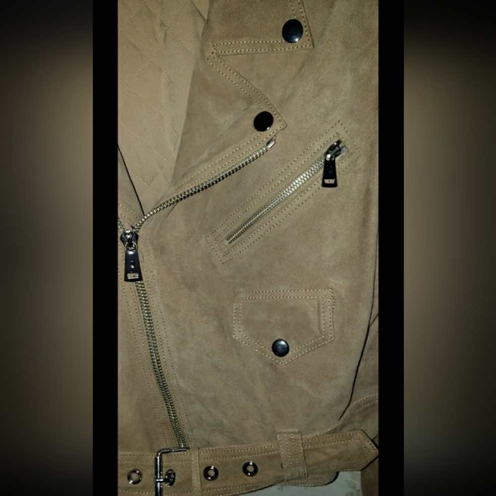 POLO RALPH LAUREN Womens Beige Suede Asymmetric Belted Biker Moto Jacket Sz 10 - Picture 4 of 16